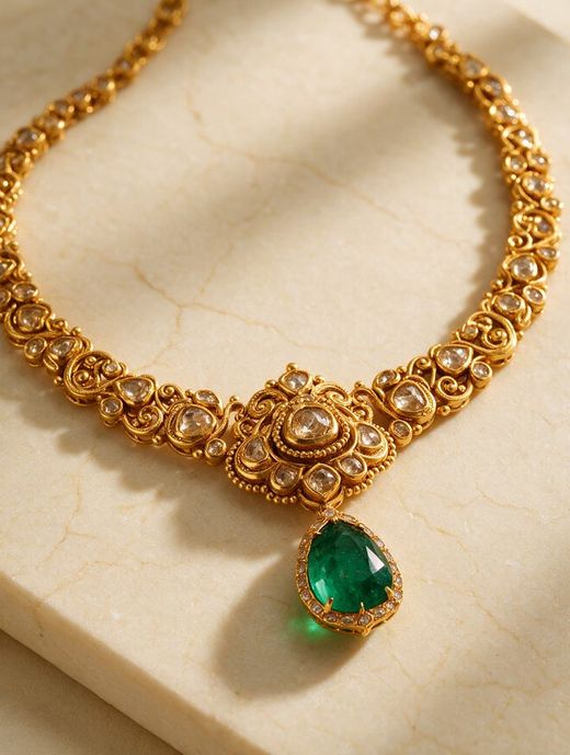 A gold necklace with an emerald drop, shot on marble