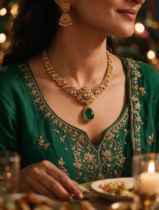 A woman in a green kurta wearing the same necklace at a festive dinner