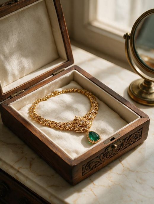 The same necklace in an open wooden jewellery box