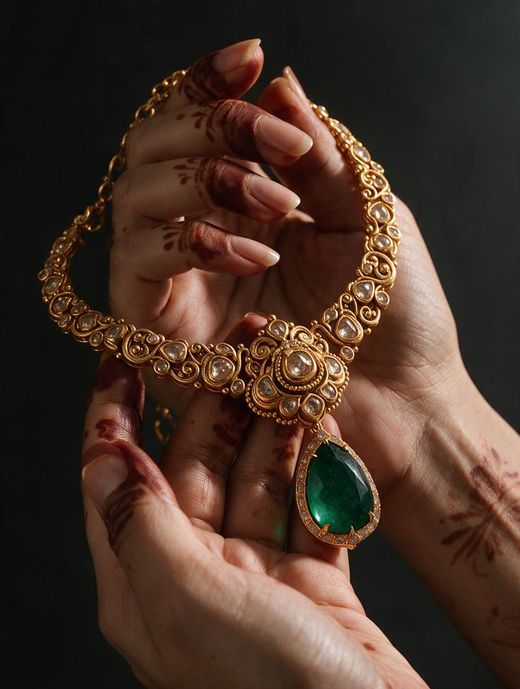 Hands holding up the same necklace