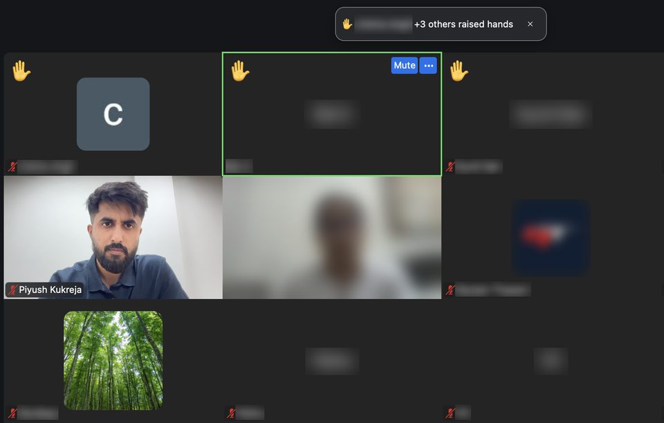 A live review call on Zoom, Piyush on camera and hands raised for Q&A