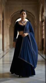 A woman in a festive lehenga in a palace corridor
