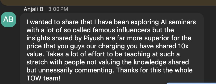 Anjali B: the insights shared by Piyush are far more superior for the price, you have shared 10x value.