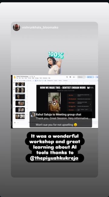 Instagram story by a learner: It was a wonderful workshop and great learning about AI tools.