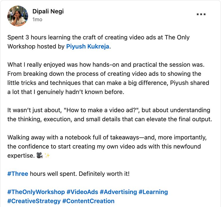 Dipali Negi&rsquo;s LinkedIn post about the workshop