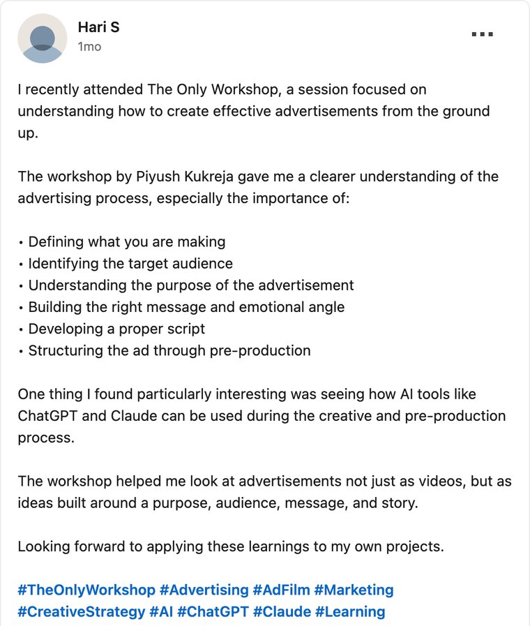Hari S&rsquo;s LinkedIn post about the workshop