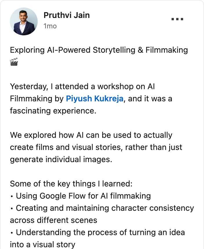 Pruthvi Jain&rsquo;s LinkedIn post about the workshop